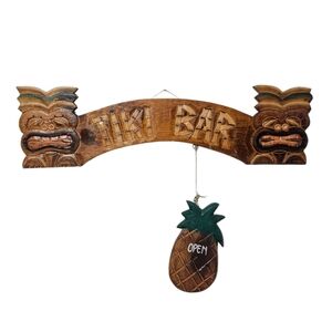 hand-carved wooden Tiki Bar wall hanging sign open/close hanging pineapple 22